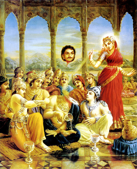 Mohinī-Mūrti killing demoniac Rāhu who has disguised himself as demigod 