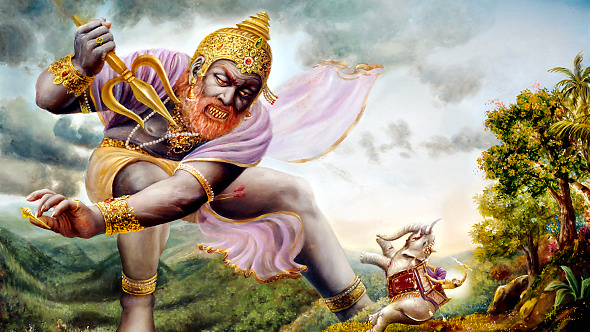 Vṛtrāsura attacks Indra with his trident