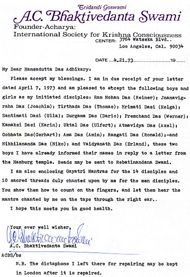 Srila Prabhupadas German Devotees - Initiation Letter 1973